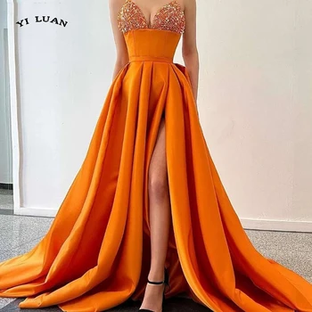 Oranžna Maturantski Večer Obleke, Dolge Seksi Luksuzni Sequined Split Saten Elegantno Gala Obleko Noč Ženske Stranka Halje Haljo Dubaj