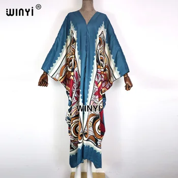 WINYI haljo poletje Kuvajt Vintage Obleko Maxi ženska Moda in Ženske Batwing Rokav sukienka Tisk Svoboden vestidos de mujer priložnostne