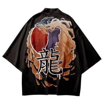 Kitajski Zmaj Natisnjeni Črno Nekaj Žensk, Moških Tradicionalni Japonski Kimono Plaža Hlače Ulične Jopico Yukata