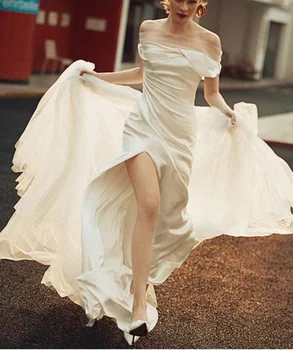 Jusere poročne obleke elegantno saten svila poročno obleko off ramo poročne obleke z zamahom ločeni vlak