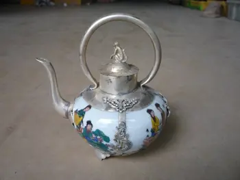zbirka Qing silver&porcelana čajnik,pobarvane lepoto portret,z oznako, Brezplačna dostava