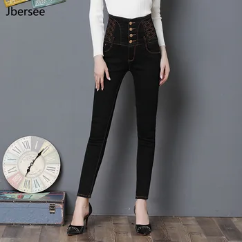 Črna Plus Velikost S-4XL Jeans za Ženske Visoko Elastični Pas Mama Stretch Suh Svinčnik Hlače Priložnostne Ženske Pantalon Femme Hlače