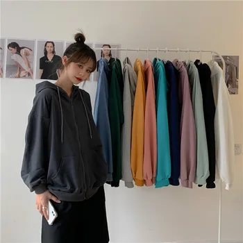 Ženske Hoodies Harajuku Korejska Različica Svoboden Prevelik Sweatshirts Letnik Barva Long Sleeve Hooded Majica Zadrgo Coats
