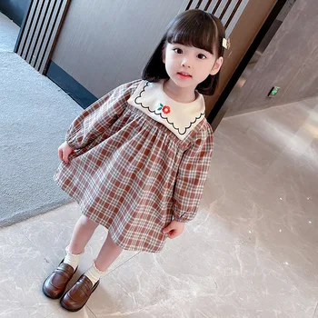 2022 Novi Deklici Kariran Velikost Obleke Vintage Otrok Enega Kosa Obleko Jesen Pomlad Korejski Otroci Dekle Z Dolgimi Rokavi Priložnostne Robe
