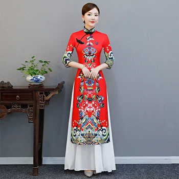Vintage Ao dai Kitajski Slog Cheongsam Dolge Obleke Qipao Retro Ženska Stranka Večerno Obleko Vestidos Oblačila Visoke Kakovosti S-5XL