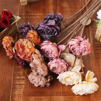 10pcs Umetno Retro Barve, Peony Cvet Veje Umetnih 3 Glave Rose Potonike za Poroko Centerpieces Cvetlični Okras