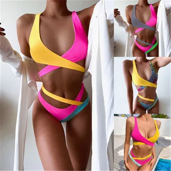 Barva Preplete Ženski Bikini Kopalke Ženske Kopalke enodelne Bikini komplet Asimetrične Sredi Pasu Bather kopalke Plavati Nova