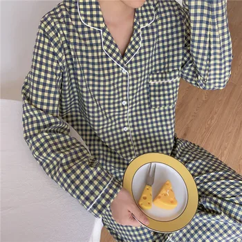 Pomlad Ženske Korejski Dolg Rokav Bombaž Priložnostne Kariran Pižamo Nastavite Svoboden More Jeseni Nekaj Karirasti Znižuj Homewear