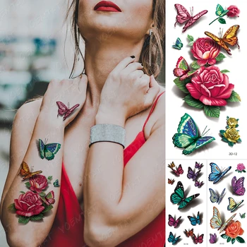 Nepremočljiva Začasni Tattoo Nalepka Barva Metulj Dekle Flash Tatoo Cvet Vrtnice Pero Žensko Roko Gleženj 3D Body Art Ponaredek Tatto
