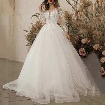 dolg rokav poročno obleko plus velikost V vratu nevesta poročni obleki čipke aplicirano žogo obleke princess poroka oblačenja
