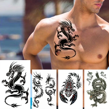 Ustvarjalne Zmaj Začasne Tetovaže Za Moške, Ženske Odraslih 3D Tatoo Listi Realne Ponaredek Črna Žival Scorpion Body Art Tattoo DIY