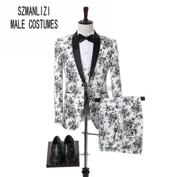Po Meri Prilagojene Moške Poročne Obleke, Modni Dizajn Slim Groomsmen Poroko Ženina Jopičem White In Black Rose Moške Obleke 3 Kosov