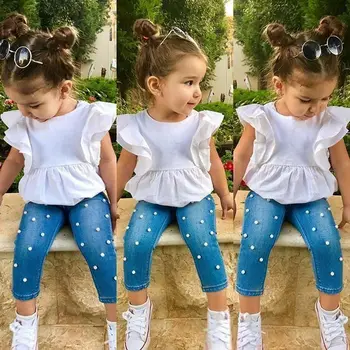 2PCS Malčka Otroci Baby Girl Obleke Ruffles Moda Dekle Majica Bel brez Rokavov Vrhovi+ Pearl Hlače, Obleke