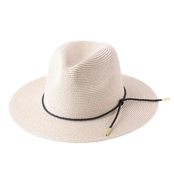 Preprost moški ženske poletje, sonce klobuk na prostem za zaščito pred soncem ravno robna jazz cilinder obmorskih big robna slamnik konoplja vrv, usnje Panamski klobuk
