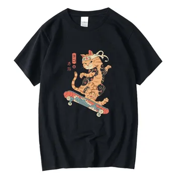 FPACE vrhunske kakovosti 100%Bombaž Smešno skateboard mačka tiskanje moški majica cool priložnostne t-shirt za moške o-neck majica s kratkimi rokavi moški tees vrhovi