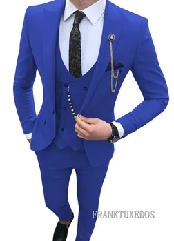 Royal Modra Moških Obleko 3Pcs 2019 Uradno Oblačilo Moški Maturantski Poroko Ženin Tuxedos Slim Fit Moški Obleke Komplet (Jakna+Hlače+Telovnik)