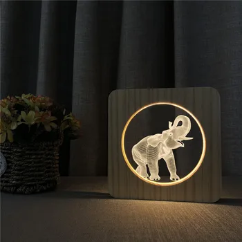 Slon Živali, 3D LED Arylic Lesene Noč Lučka Tabela Stikala za Luč Nadzor Carving Lučka za otroška Soba Okrasite