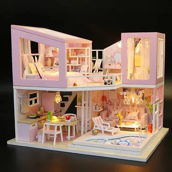 Lesena Lutka Hiša Pohištvo Diy 3D Grad Lesena Miniaturas Zbrati Lutke Igrače za Otroke, Darila za Rojstni dan