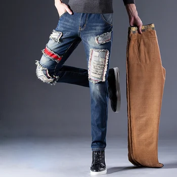 Pozimi Novo Runo Jeans, Moda za Moške Raztrgala Luknjo Retro Mozaik Trend Hip Hop Debel Toplo Traper Hlače Moški Ulične