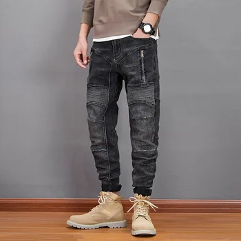 Ameriška Ulica Slog Modne Moške Jeans Retro Črno Siva Elastična Slim Fit Razrezana Oblikovalec Biker Jeans Moških Hip Hop Traper Hlače