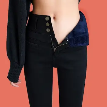 Pozimi Blue Plus velikost Debele Jeans Ženska Priložnostne Toplo Žamet Svinčnik Hlače Črne Visoko pasu Suh Stretch Traper Hlače Femme