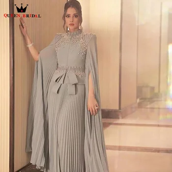 Dubaj Sivo Formalno Večerne Obleke 2023 Visoko Vratu Dolge Rokave Beaded Elegantno Šifon Arabski Maturantski Obleki Biseri Lok Muslimanskih Caftan