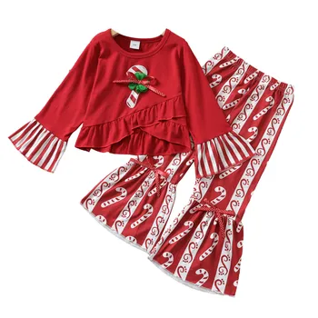 Otroci Baby Dekleta Božič Obleko Zimo Rdeče Dolgo Rokavi T-shirt Vrhovi Z Flare Hlače 2Pcs Oblačila, ki Xmas Otroci Oblačila