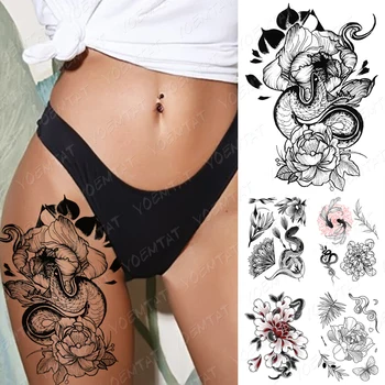 Seksi Nepremočljiva Začasni Tattoo Nalepke Kača Peony Chrysanthemum Flower Listi Body Art Ponaredek Tatoo Moški Ženske 3D Ponaredek Tetovaže