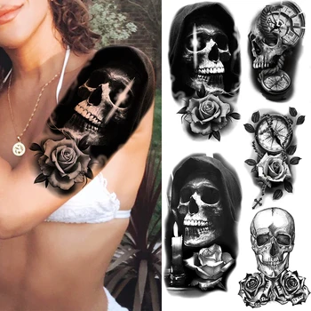 Realno Strašno Okostje Black Lobanje Rose Cvet Začasne Tetovaže Za Ženske, Moške Ponaredek Tattoo Nalepke Modni Roko Halloween Tattoo