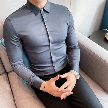 Britanski Barva Moške Srajce Slim 2021 Dolg Rokav Priložnostne Srajco Poslovnih Formalno Obleko Oblačila Ulične Socialne Bluzo Camisa
