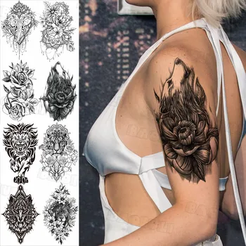 Črna Wolf Lotus Začasne Tetovaže Za Ženske Odraslih Realne Ponaredek Cvet, Slon, Lev, Tiger Tatoos 3D Nepremočljiva Tattoo Nalepka