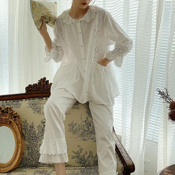 Pomlad Jesen Bombaž Sladko Princesa Dolgo Sleeved Pižamo Beli Krog Vratu 2 Kos Ženske Nosijo Pijama Mujer Lepe Čipke Sleepwear