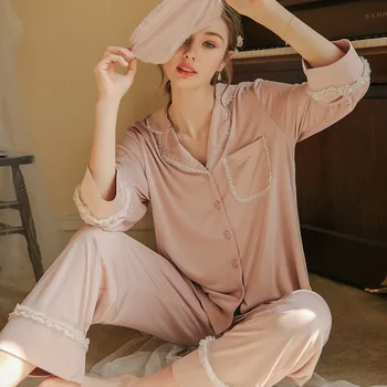 Pižamo Ženske Priložnostne Moda Dolg Rokav Pižamo Nastavite INS Lady Sleepwear Čipke Modal Pižamo za Ženske
