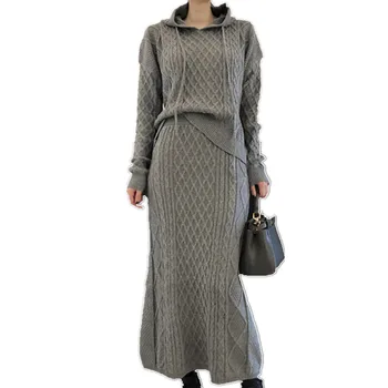 Retro jeseni, pozimi hooded vrvico rhombus vzorec dolgo sleeved pleteni pulover + visoko pasu vrečko hip krilo ženske