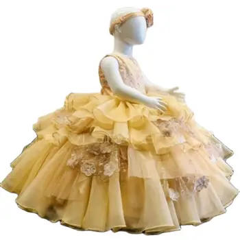 Princeska Cvet Dekleta Obleke Čipke Til Biseri 2022 Novo Žogo Obleke Baby Girl Prvi Rojstni Dan Obleko