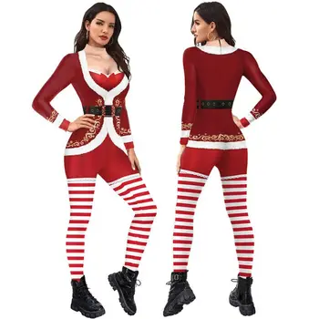 Sexy Božični Bodysuits Trak Cvet Tiskanja Kostum Anime Santa Cosplay Stranka Jumpsuit Za Ženske Modni Uspešnosti Fazi Oblačila