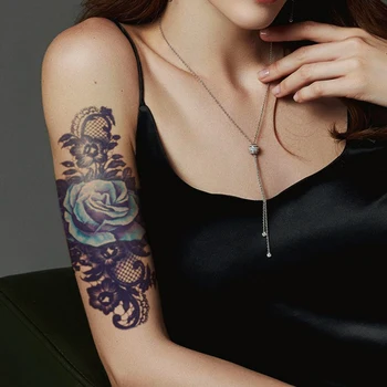 Začasni Tattoo Nalepke Blue Rose Čipke Listi Nakit Totem Design Ponaredek Tetovaže Nepremočljiva Tatoos Roko Velikosti za Ženske Dekle