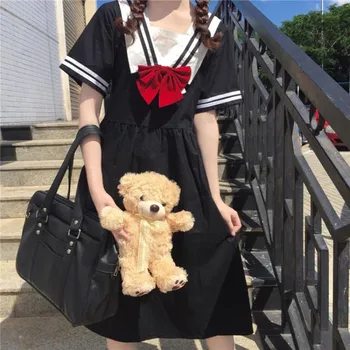 2020 novo poletje ženska oblačila Japonski Mehko Dekle sladko srčkan retro mornarice ovratnik visoko pasu obleko Bowknot mašno obleko Cos Loli