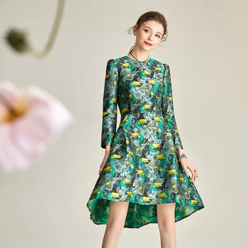 Pomlad Jesen Jacquardske Dress Vintage Zapestje Cvetlični Obleko Sladka Dekleta, Ženske, Osebe Večerno Obleko Fotografija Oblačila Zelena Obleka