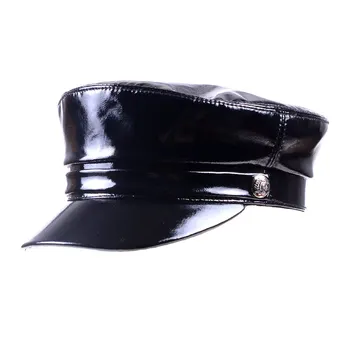 Za ženske, za Moške Pravi usnje, Lakasto Usnje Svetleče Črna Baretka Newsboy Militry Vojske/Navy caps/klobuki