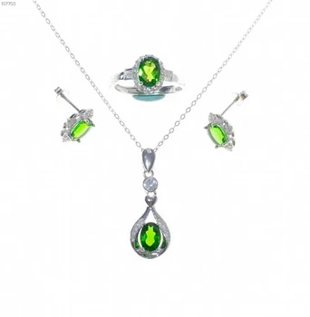 očarljivo jasno, zelena Diopside gemstone prstan uhani in ogrlica, nakit set s srebrno