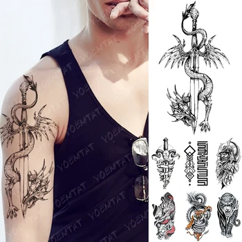 Nepremočljiva Začasni Tattoo Nalepke Dragon Sword Bojevnik Flash Tetovaže, Ovce, Koze, vitez Body Art Roko Ponaredek Tattoo Ženske Moški