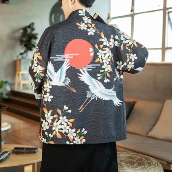 Plus Velikost 4XL 5Xl Japonski Kimono Cardigan Tiskanja Žerjav Moških Yukata Haori Tradicionalni Japonski Oblačila Suknjič Poletje Športna Majica