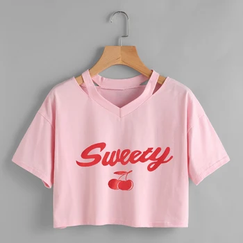 Cherry Sweety tiskanja ženske T-shirt kratek rokav svoboden obreži zgoraj letnik kawaii pismo grafični ulične tee shirt klub estetika