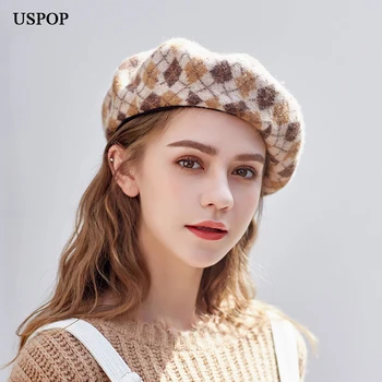 USPOP Novo debele zimske volne klobuki ženske volne berets nastavljiv ženski kariran baretka letnik slikar klobuki