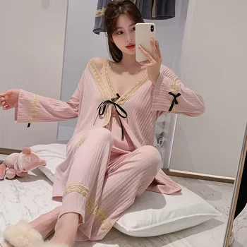 Bombaž 3PCS Pižamo bo Ustrezala Ženske Sleepwear Z Lokom Trak Kimono Plašč Seksi Obleke Proti-Vrat Pižame Pour Femme More Perilo