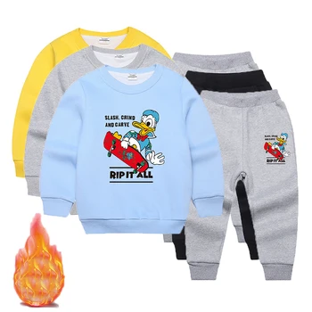 Otroci Disney Obleko Dekleta, Fantje, Donald Duck Plišastih Zimski Komplet Majica z Hlače 2Pcs Šport 2-8 Let Otrok Obleke