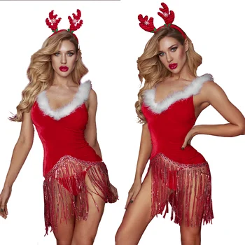 Seksi Božič Obleko Red Xmas Tassel Obleko Luštna Elk Headdress Tangice Perilo Nastavite Dama Božič Polnoči Skušnjavi Oblačila