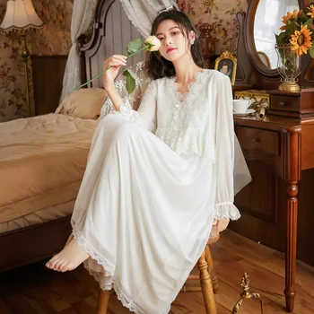 Dolg Rokav Modal Nightdress Moda za Ženske je Pomlad Novo Sodišče Princesa Nightgowns Vezene Sleepshirts Ohlapno Obleko Domov