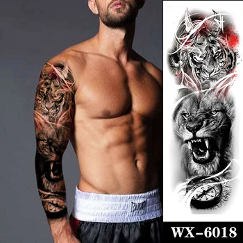 Nepremočljiva Začasni Tattoo Nalepke Black Kul Tiger, Lev Ura Lobanje Vrstici Ponaredek Tetovaže Flash Tattoo Polno Roko Body Art Ženske Moški
